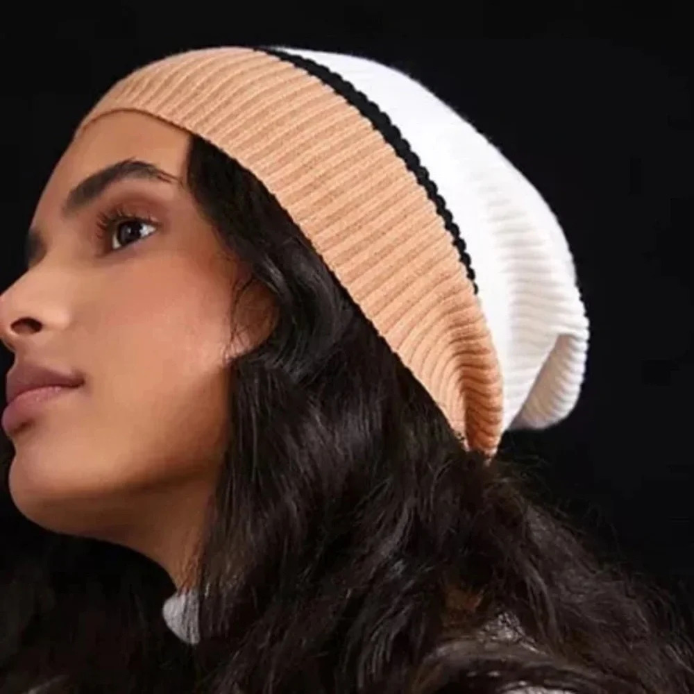 NWT Anthropologie Cozy Stripe Beanie Light Weight Black Tan White